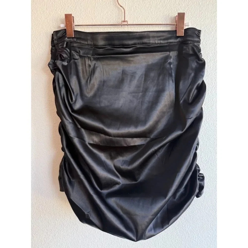 Maniere De Voir Black Satin Ruched Wrap Mini Skirt in Black & Silver size 6 UK10